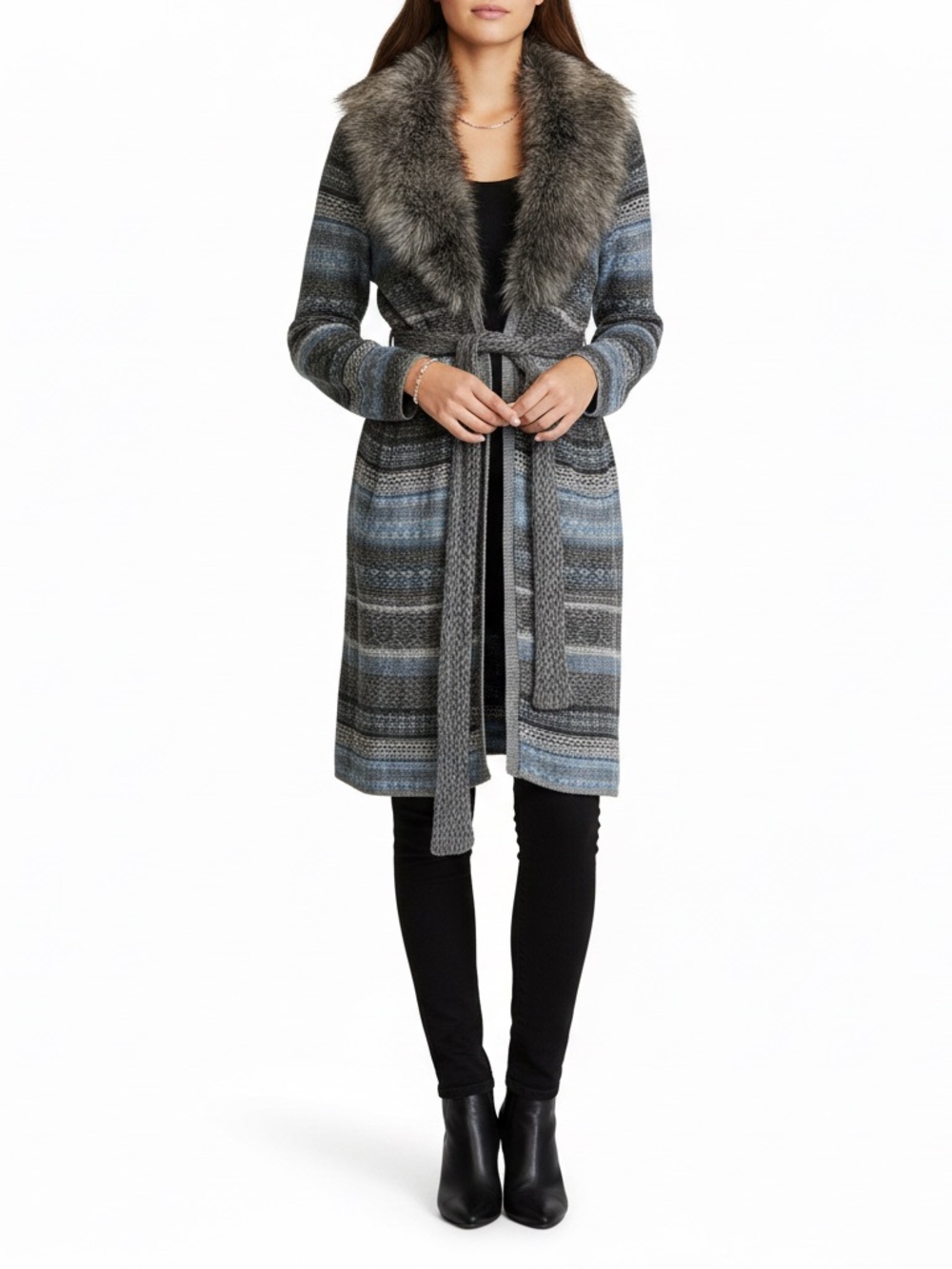 Chico's Gray and Blue Faux-Fur Collar Knit Coatigan